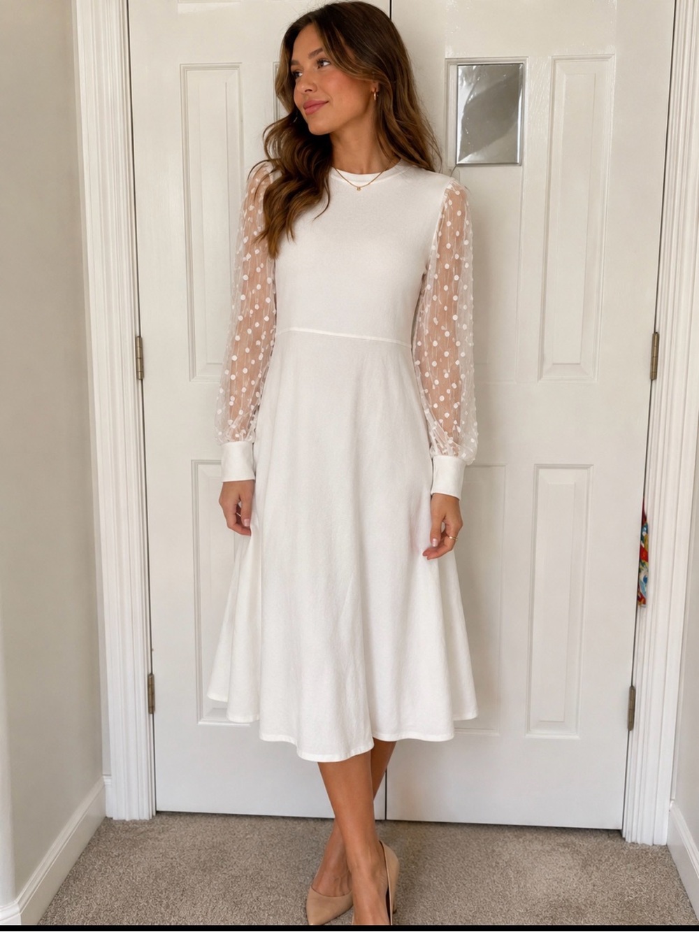 Nina Leonard Ivory Midi Dress with Sheer Polka-Dot Sleeves